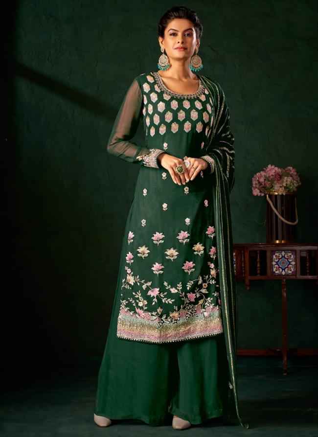 Pure Viscose Rama Green Party Wear Khatli Work Plazzo Suit